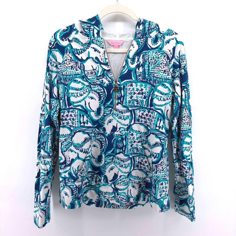 Lilly‎ Pulitzer Skipper Popover Small 1/2 Zip Elephant Print Hooded Sweatshirt
